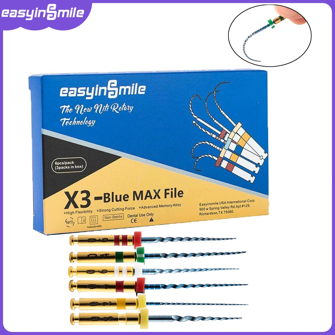 

Easyinsmile root canal dental endo files Blue dental rotary files Use for Root canal cleaning heat activation 21/25mm