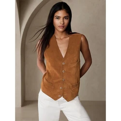 Suede Sleeveless Vests for Women Sweatshirts Single Breasted Women's Waistcoat Grey V Neck Casual Clothes for Lady Jackets