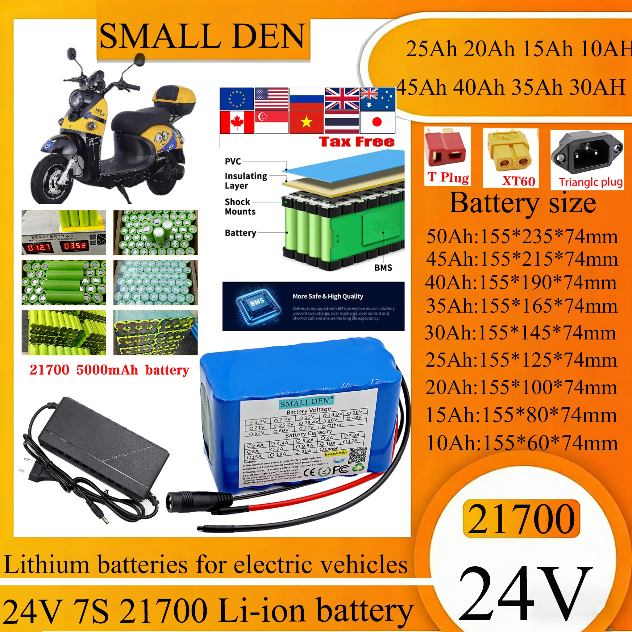 24V 45Ah 25Ah 30Ah 10Ah 50Ah 21700 Lithium battery pack With BMS For E-tools boat scooter BackupBatteries Free gift with charger