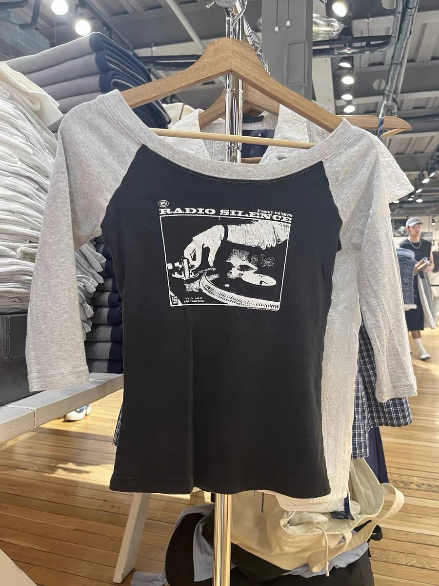 

Vintage Graphic Patchwork T-shirt Sexy Slash Neck Cotton Three Quarter Sleeve Tees Women Streetwear Classic Print Slim Tshirts