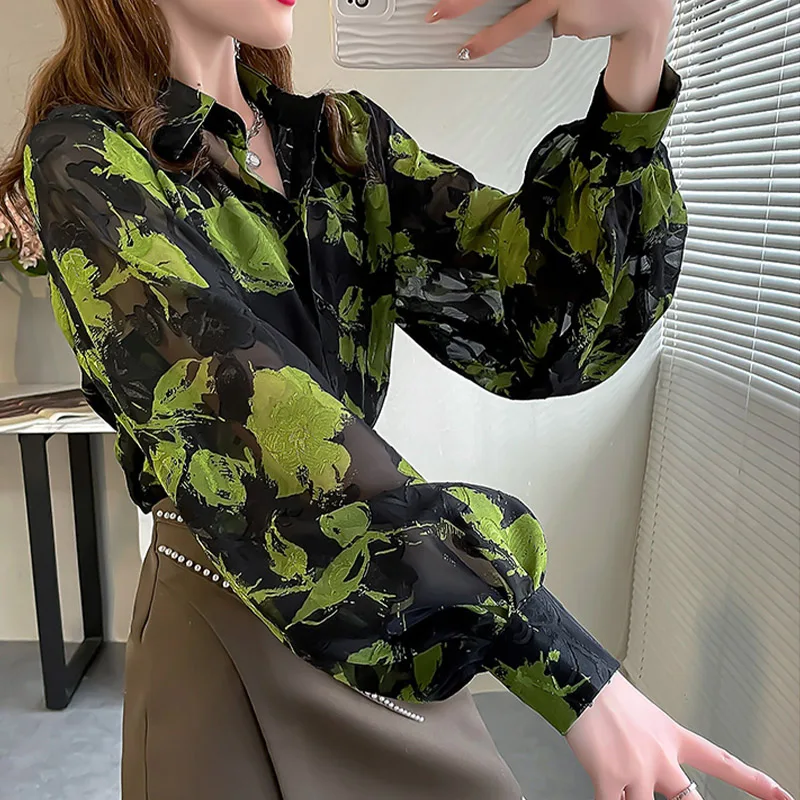 Women Vintage Hong Kong Style Loose Long Sleeve Shirts Spring Summer Chic Black Chiffon Thin Blouses Lady Elegant Printing Tops