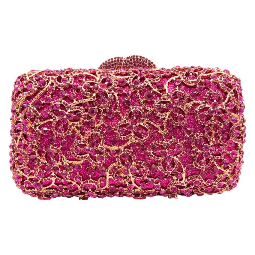 Fuchsia Bling Diamond Bridal Evening Clutches Luxury Designer Women Crystal Purse Lady Rhinestone Party Dinner Formal Handbang