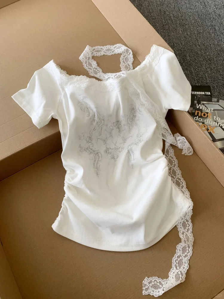 

Retro Chic Asymmetrical Short Sleeve T-Shirt Women's Summer Slim Fit Sweet Cool Style Korean Version Cotton Casual Top