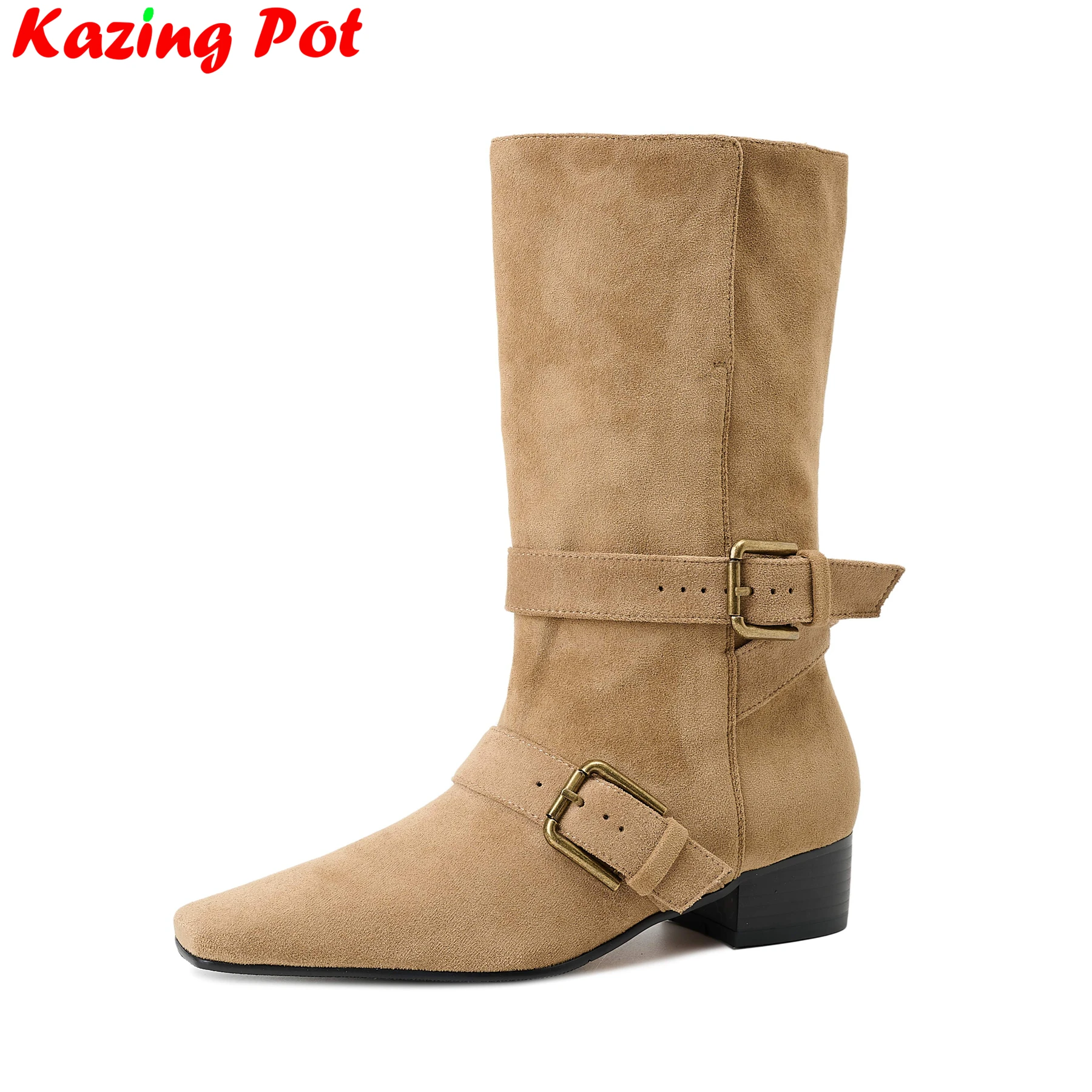

Krazing Pot Superstar Flock Med Heels Modern Stretch Boots Warm Winter Autumn Shoes Vintage Dating Belt Buckle Women Ankle Boots