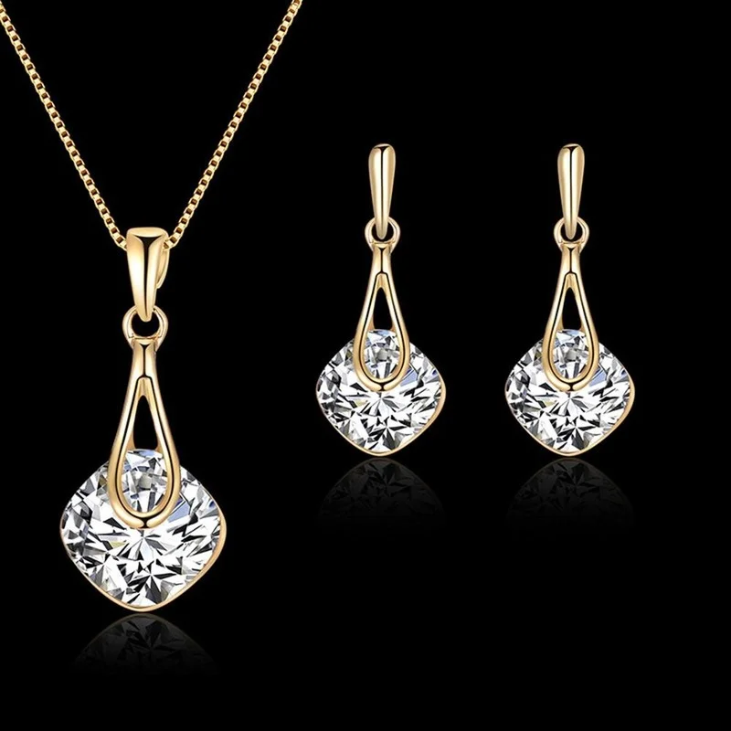 Fashion Women Water Drop Pendant Square Rhinestone Ear Stud Earrings Necklace Lady Jewelry Set