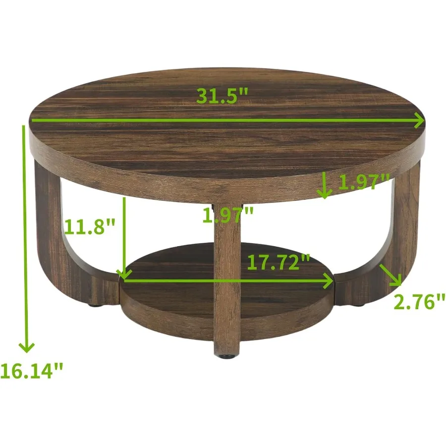 Round Coffee Table, 31.5 2-Tier Rustic Wooden Center Table with Thick Tabletop and Storage Shelf for Living Room, Dark Brown