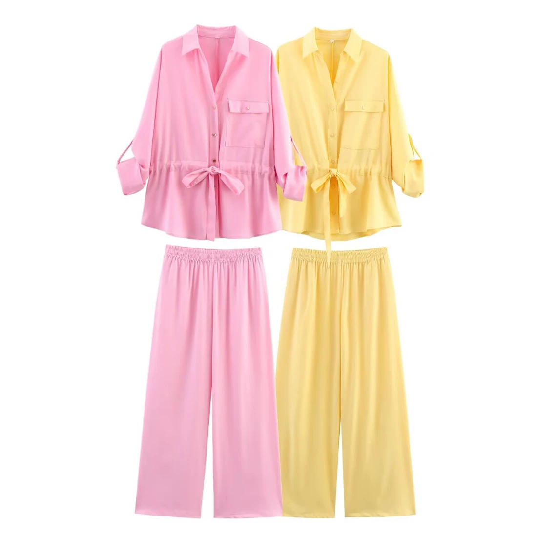 Conjunto de camisa y pantalones de manga larga con cuello de solapa para mujer, traje de pantalón informal sencillo y cómodo