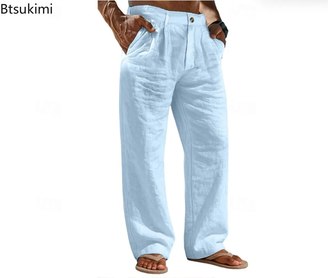Men's Linen Pants Summer Beach Button Pocket Comfort Holiday Linen Cotton Blend Fashionable Casual Sports Breathable Trousers