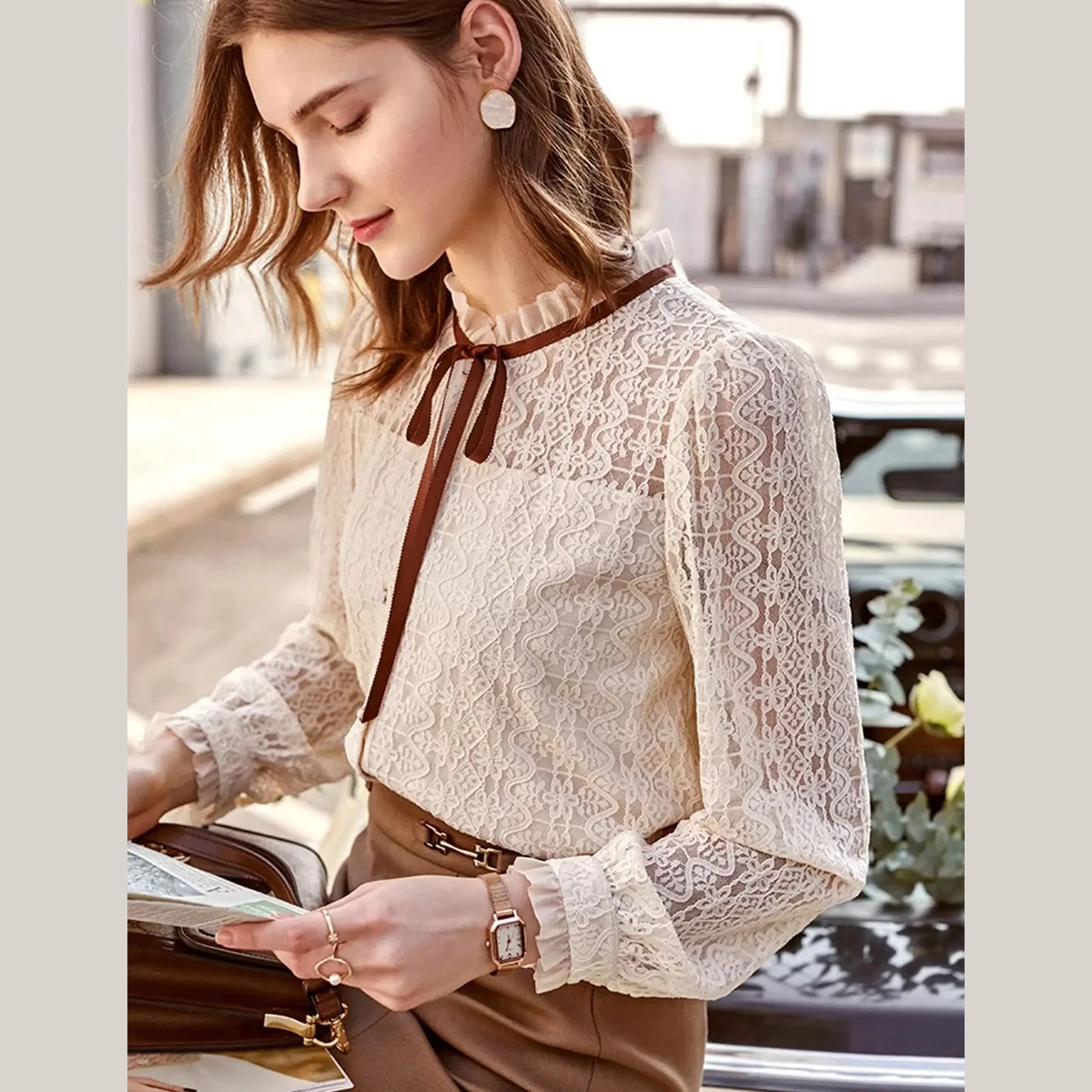 OLrain Womens Casual Shirts 2025 Autumn Knitted Spliced Lace Up Bow Single Breasted Elegant Long Sleeve Blouses Lady M56QC36385