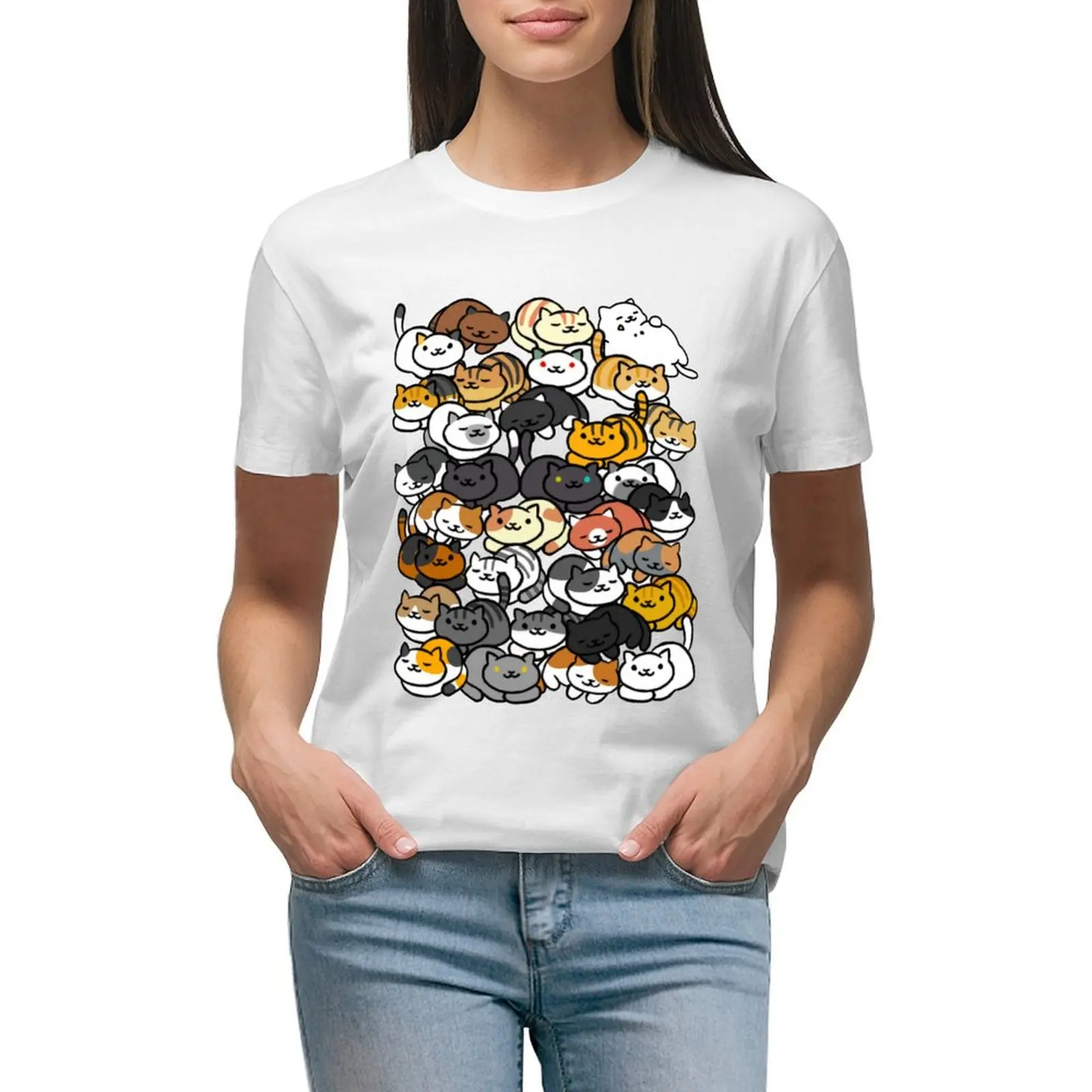 

Neko Atsume Sleepy Kitties T-shirt Short sleeve tee cute tops t-shirts for Women loose fit