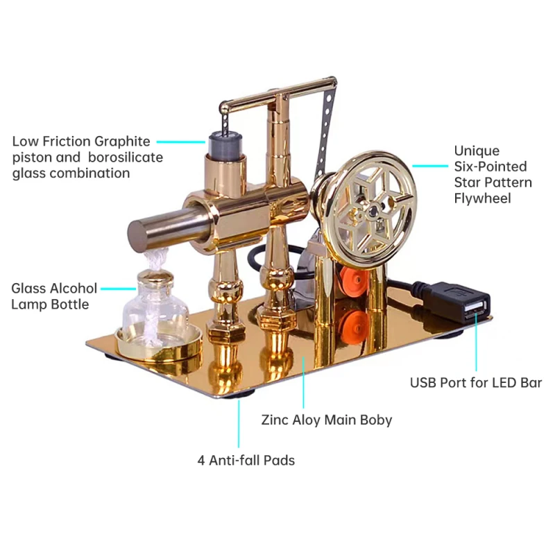 Hot Air Stirling Engine Motor Model Electricity Generator Motor with LED Bulb Six-pointed Star Pattern Flywheel DIY Educational
