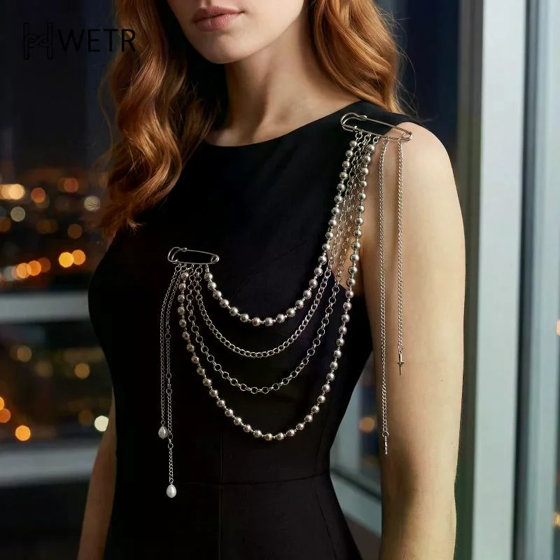 Women Elegant Luxury Pearl Pin Corsage Vintage Multi-layer Long Tassel Chain Brooch Safety Pins Party Jewelry Gift