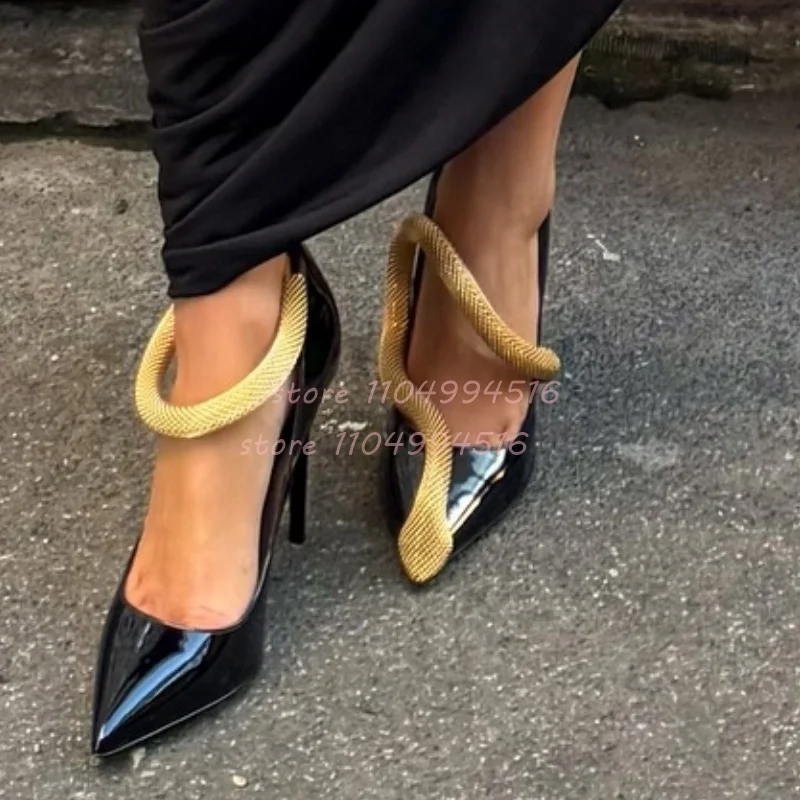 

Black Gold Snake-Wrap Pointed Stiletto Pumps Women Patent Leather Slip On High Heels Fashion Novelty Party Catwalk Ladies Shoes
