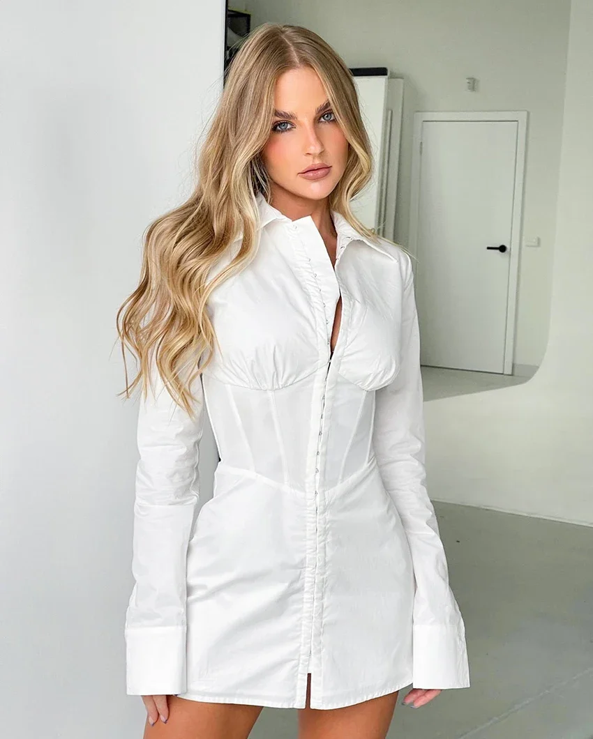 Long Sleeve White Shirt Dress Women Spring Solid Tunic Dresses Slim Buckle Sexy Bodycon Dress Ladies Streetwear 2024