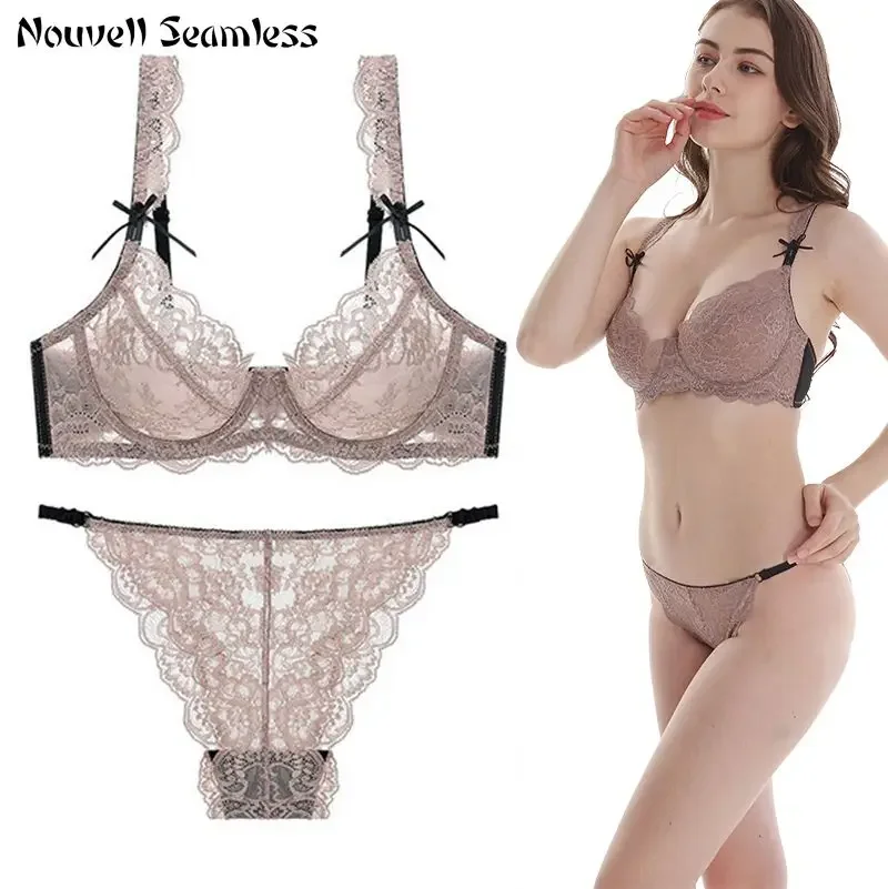

Nouvelle Seamless Ultra-Thin Cup Mesh Lace Unlined Womens Underwear 1 Bra + 1 Panty Set For Ladies Lingerie