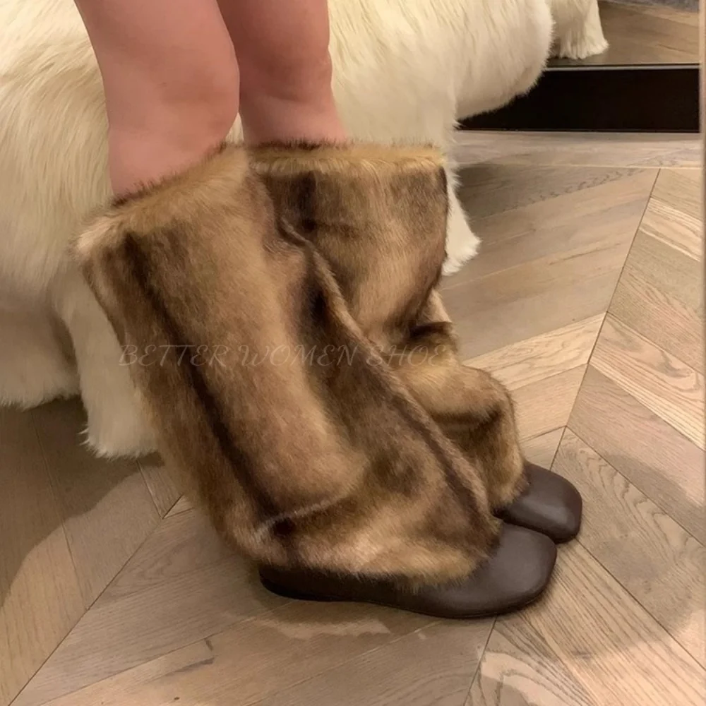 

Brown Fur Leather Snow Long Boots Women Niche with Increased Height and Plush Insulation High Tube Pile Up Knee High Boots