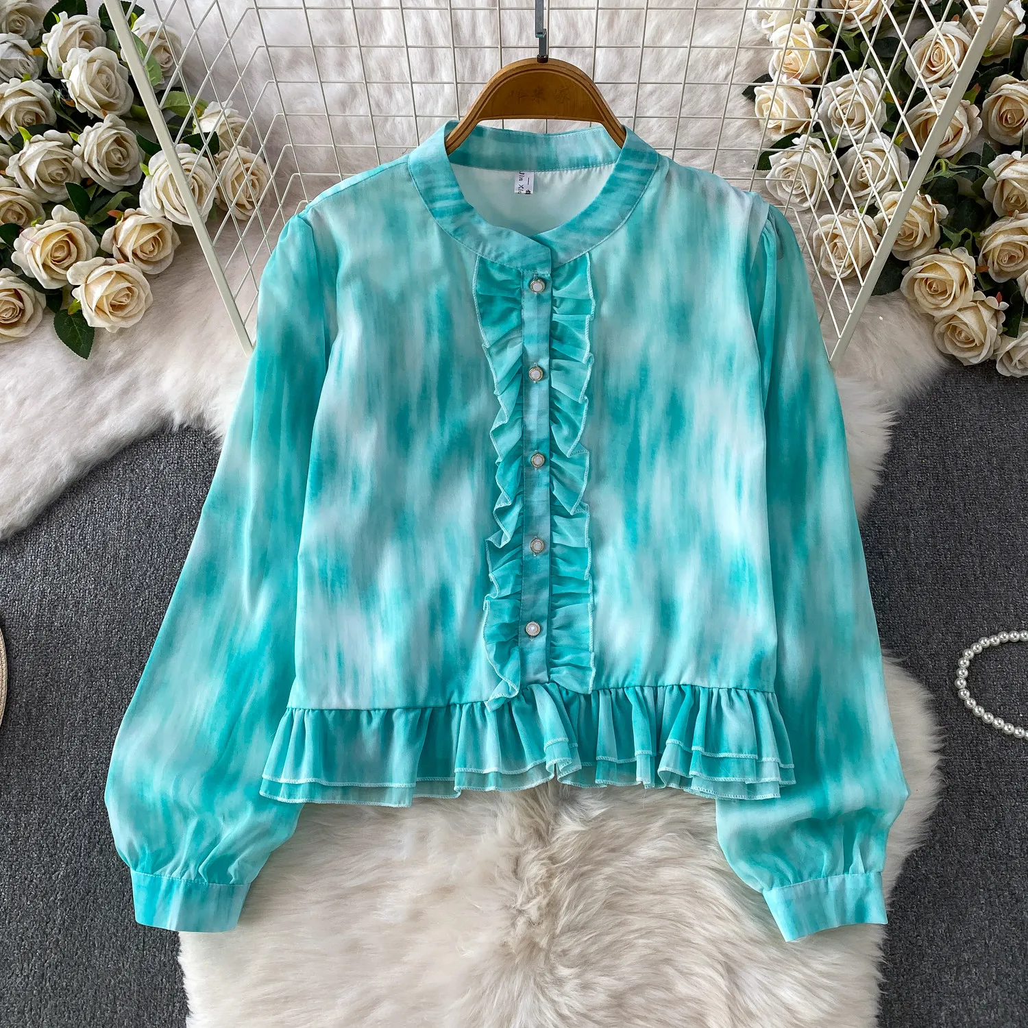 Spring Autumn Bohemian Women Tie Dye Print Two Piece Set Elegant O-Neck Single Breasted Blouse+ High Waist Skirt Suit Beach New view 4