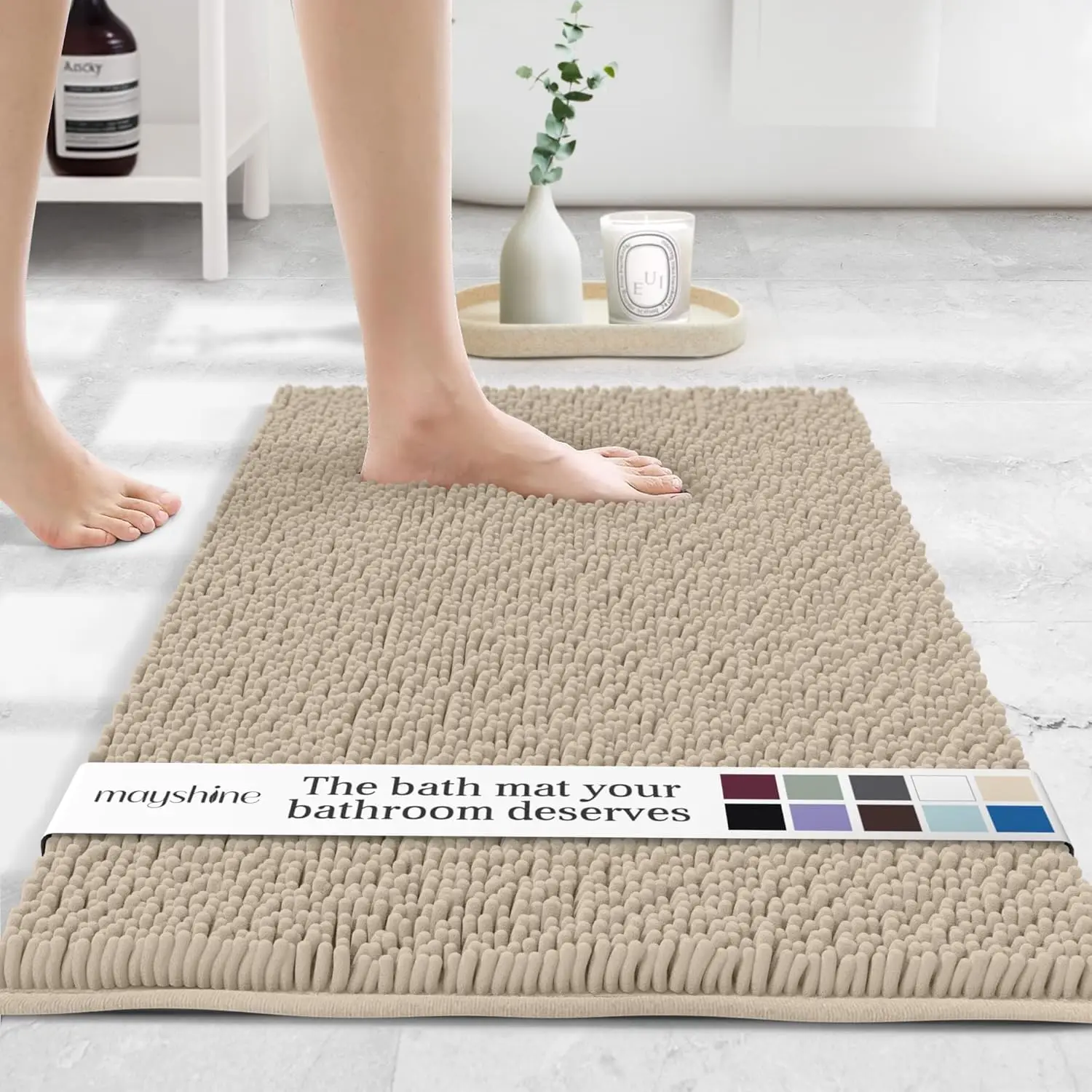 

Soft Shaggy Chenille Bath Mat, Super Absorbent Non-Slip Rug for Bathroom Floor, Kitchen, Living Room, 59x31 Inches Beige