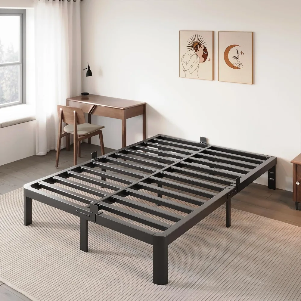 Marco de cama bajada de 4 pulgadas Queen, marco de cama Queen de perfil bajo, No necesita somier con tapones de colchón, cabecero DIY, resistente S