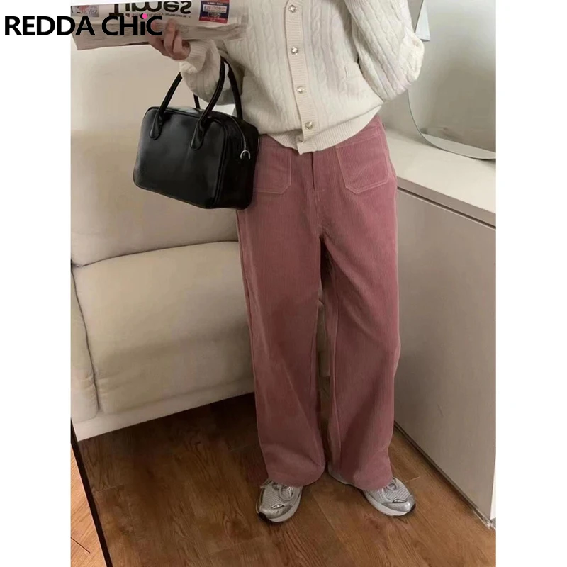 ReddaChic femmes automne hiver rose velours côtelé pantalon rétro jambe large pantalon dame décontracté taille haute solide pantalon rue Chic vêtements