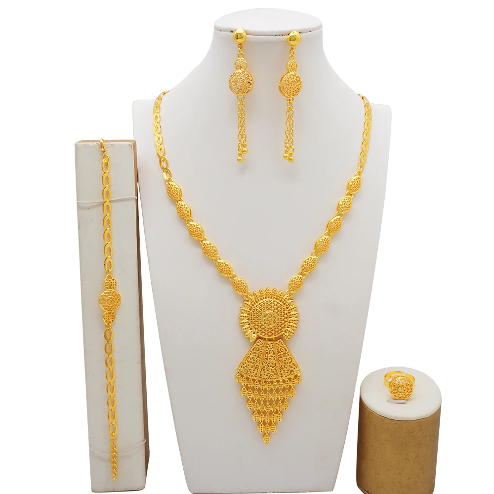 African Ladies Dubai 24k Gold Plated Long Necklace Set Bridal Banquet Wedding Jewelry Set Accessories