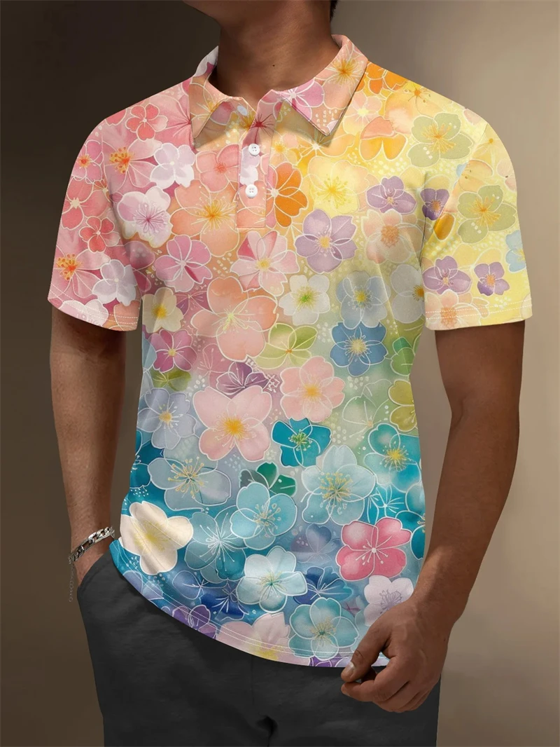

Summer New Mens Polo Shirts 3d Full Print Flower Graphic T Shirts For Men Fashion Casual Oversized Lapel Button Up Polo Shirt
