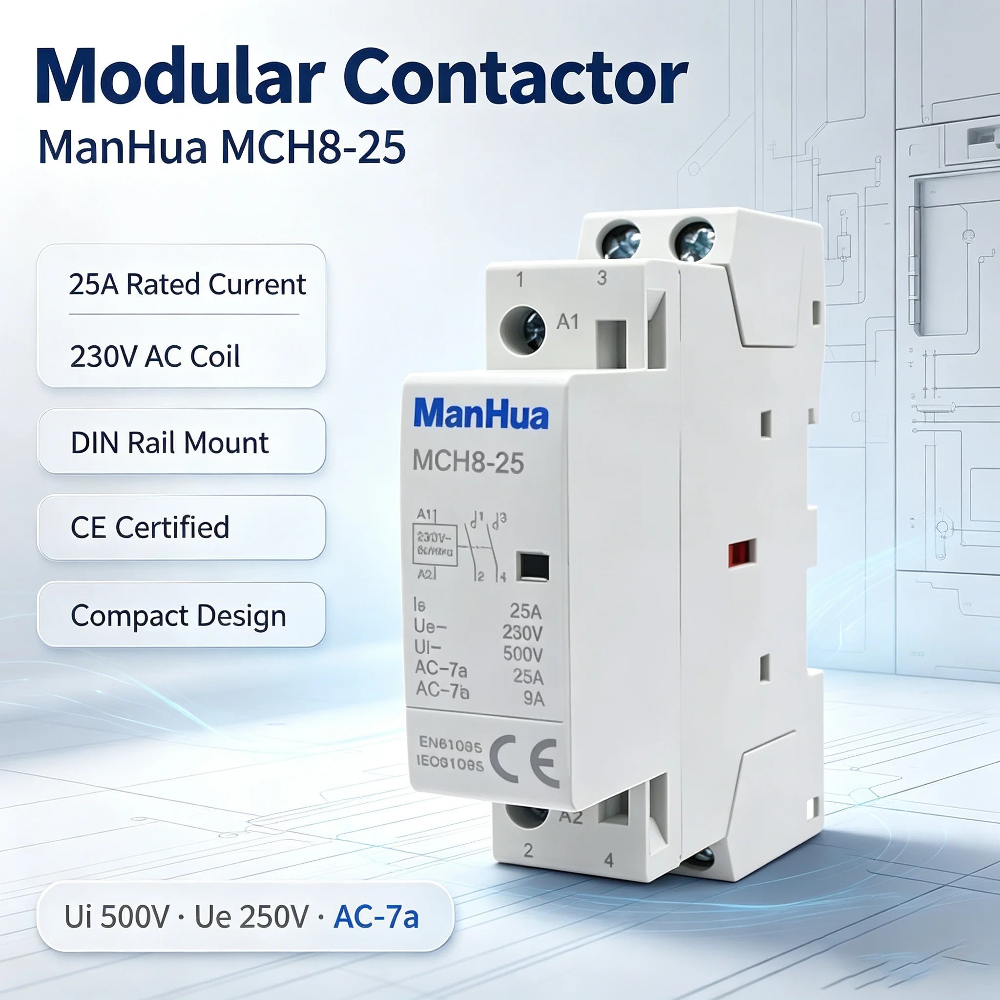 ManHua Modular AC Contactor MCH8‑25 2P 25A Household  Din Rail Mount AC220‑230V 50/60Hz 2‑Pole Magnetic Contactor for Residenti