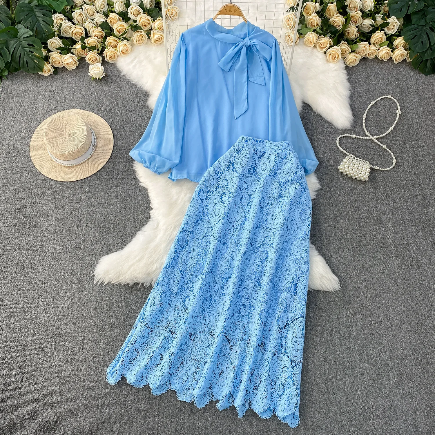 Women Two Piece Sets Skirt Set Round Neck Lantern Sleeve Tops Long Skirts Lace Slim Fit A Line High Waist Y2k Streetwear Elegant