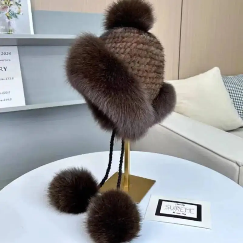 real Mink Fur Hat Lei Feng Hat Natural Fur Hat With Fox Fur Ball Winter Ear Protection Hat For Women Female Warm Knitted Hat