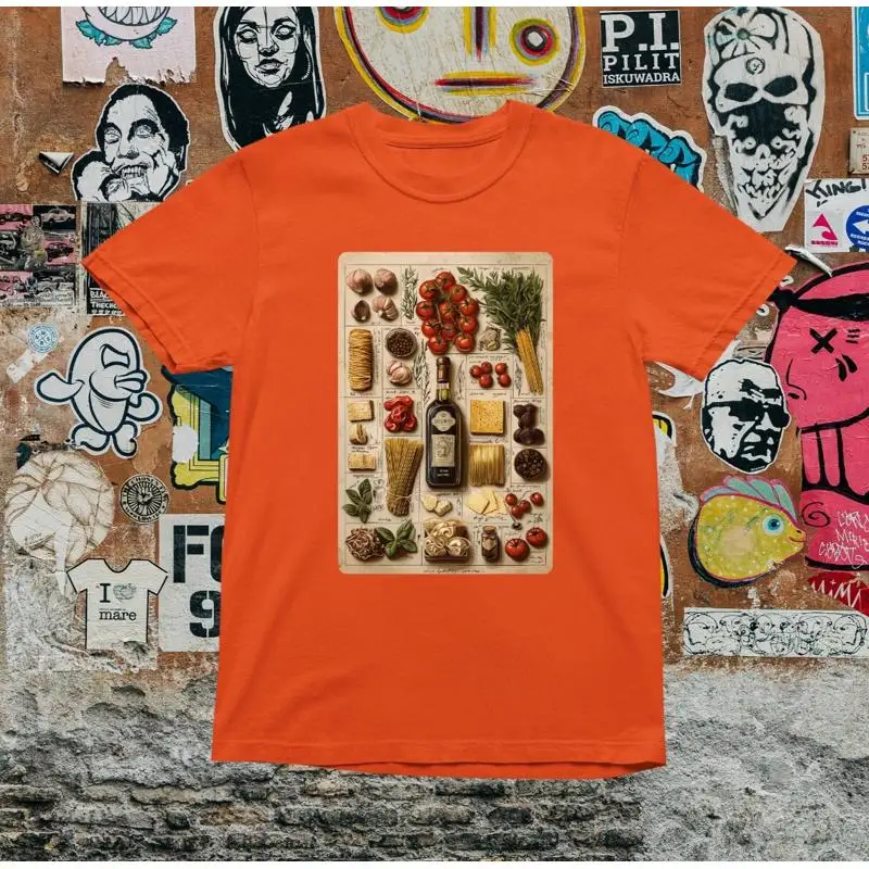 Camiseta con ingredientes alimentarios italianos, pasta, tomate, aceite de oliva, arte para alimentos