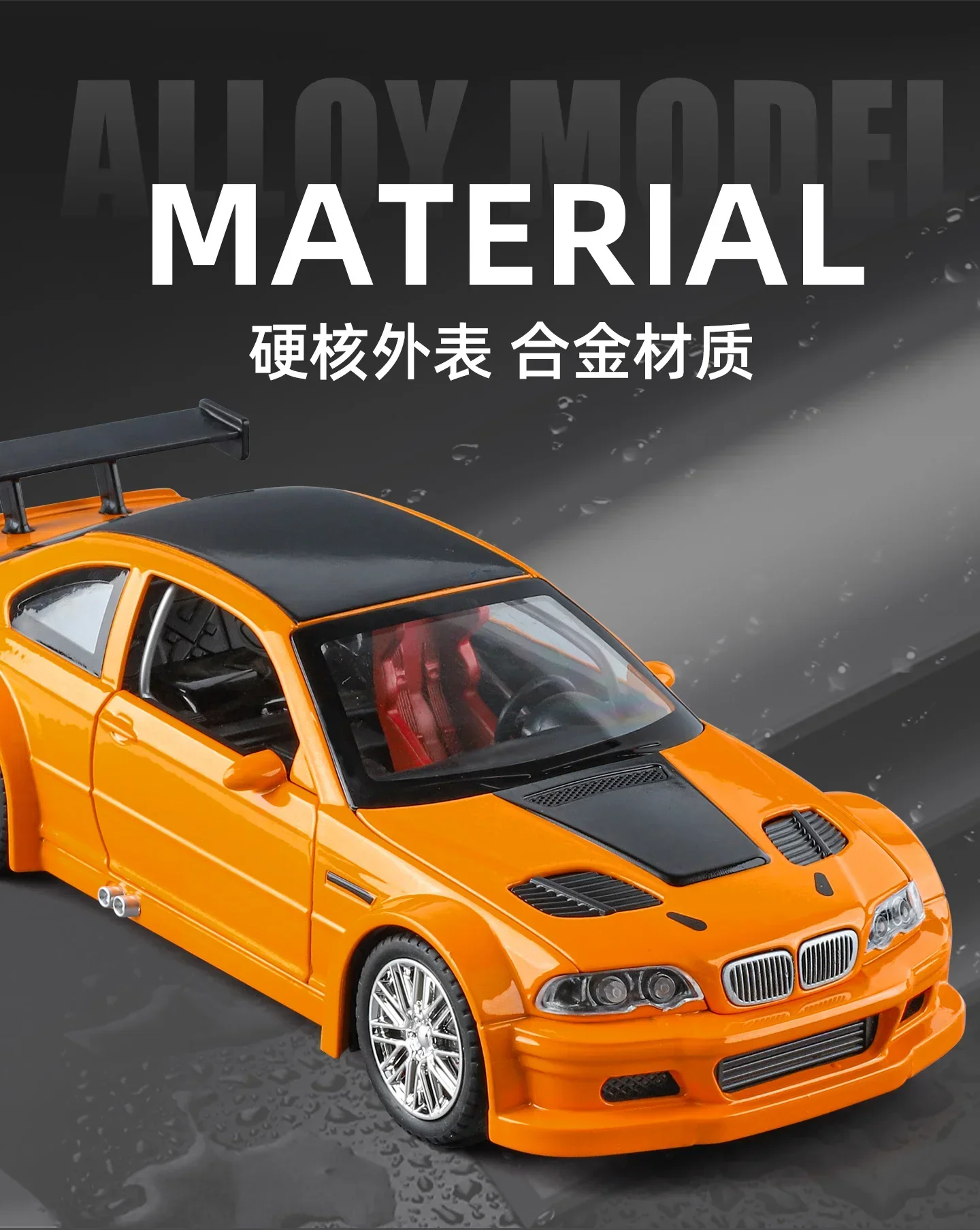 1:24 M3 GTR E46 Racing Alloy Metal Diecast Model Car Sound and Light Pull Back Collectibles Hobby Birthday
