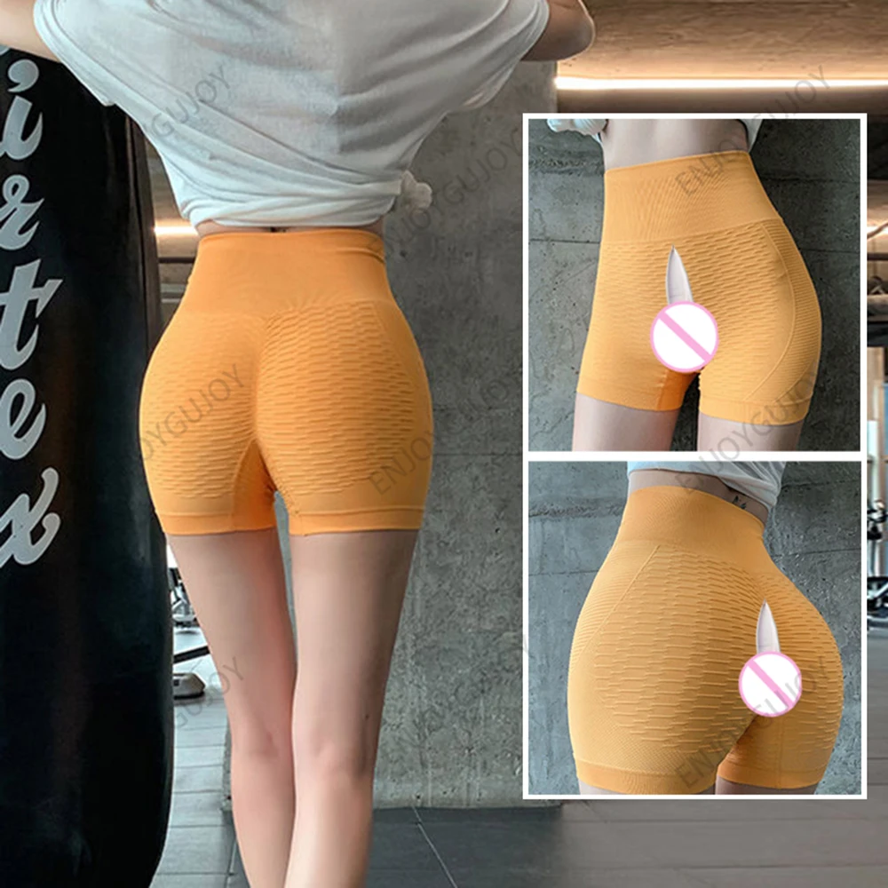 Leggings cortos sexys para mujer, pantalón Invisible con entrepierna abierta para sexo al aire libre, pantalones de Yoga Jacquard de espuma,