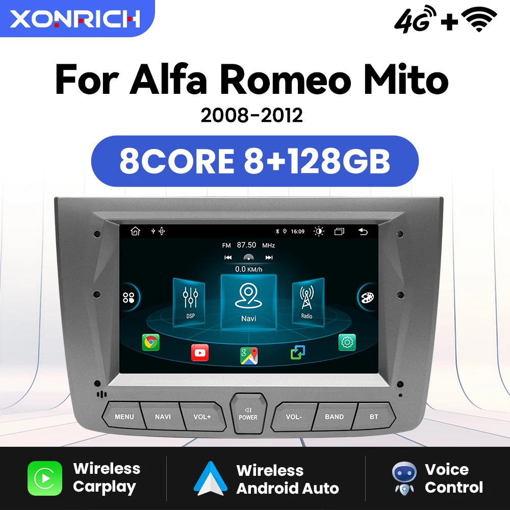 XONRICH AI Voice Wireless Carplay Car Radio Player per Alfa Romeo Mito 2008-2012 Android14 8G + 128GB navigazione 4G Wifi DSP 2Din