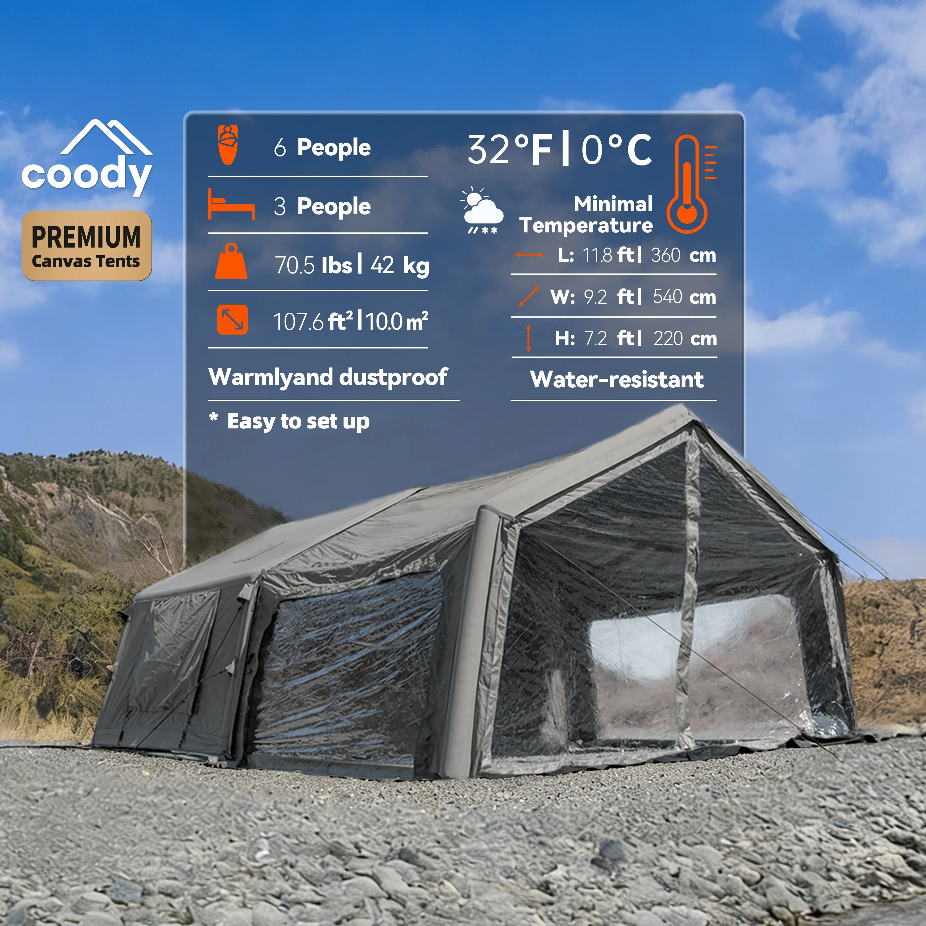 

Coody 10.0+Inflatable Foyer Air Tent-Gray Outdoor Camping Foldable Family Glamping Tent Outdoor