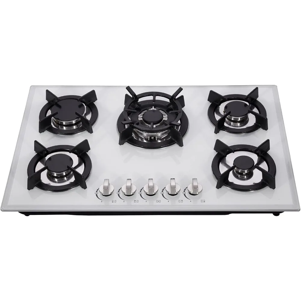 30 Inch Gas Cooktop  White Tempered Glass Gas Stovetop, 5 Gas Burners Convertible Gas Stove Thermocouple Protection Gas Hob