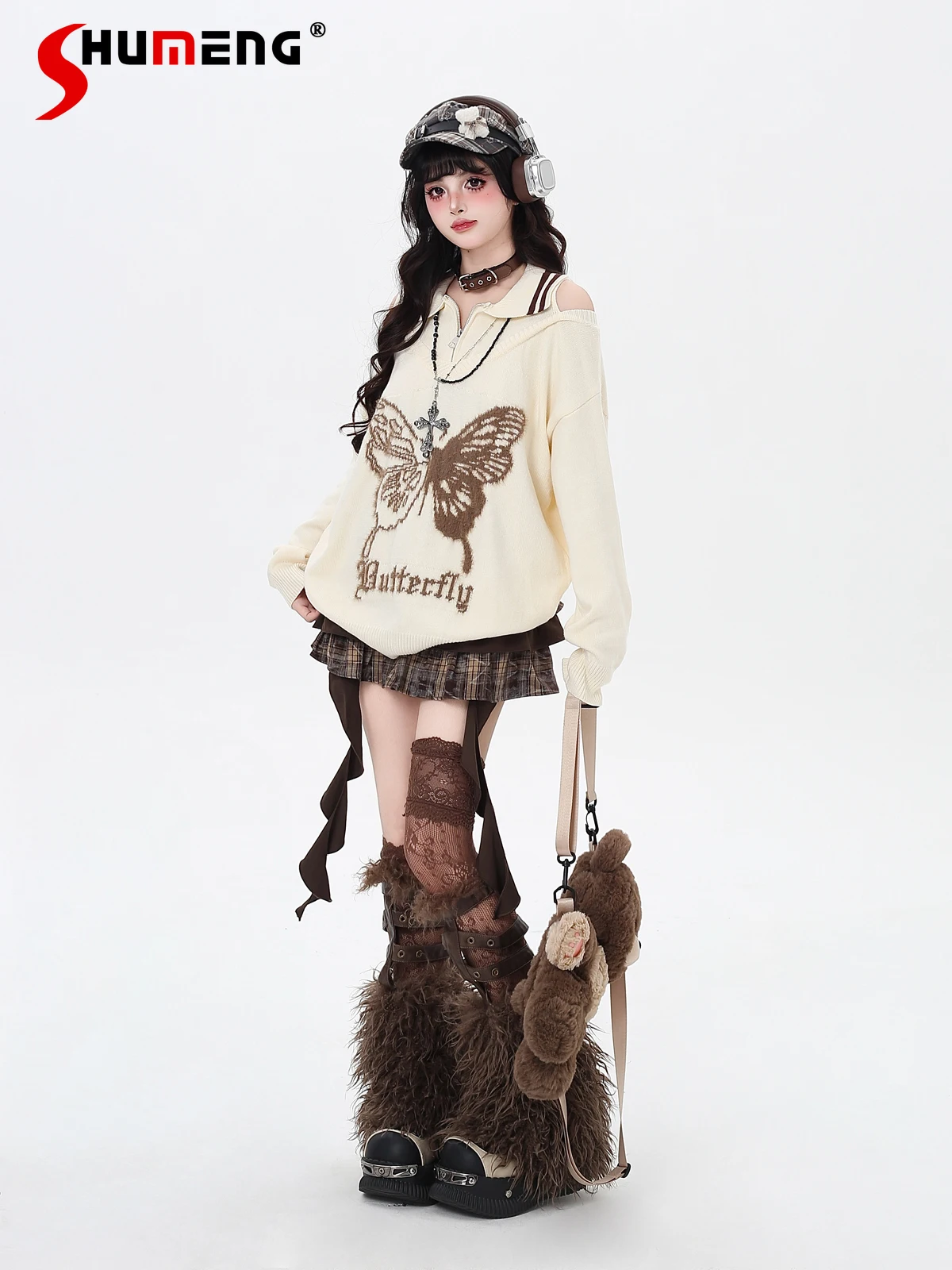 

Японский стиль, милый крутой девушка, с открытыми плечами и длинными рукавами, с бабочкой, свободный универсальный повседневный вязаный пуловер, женский осенний свитер