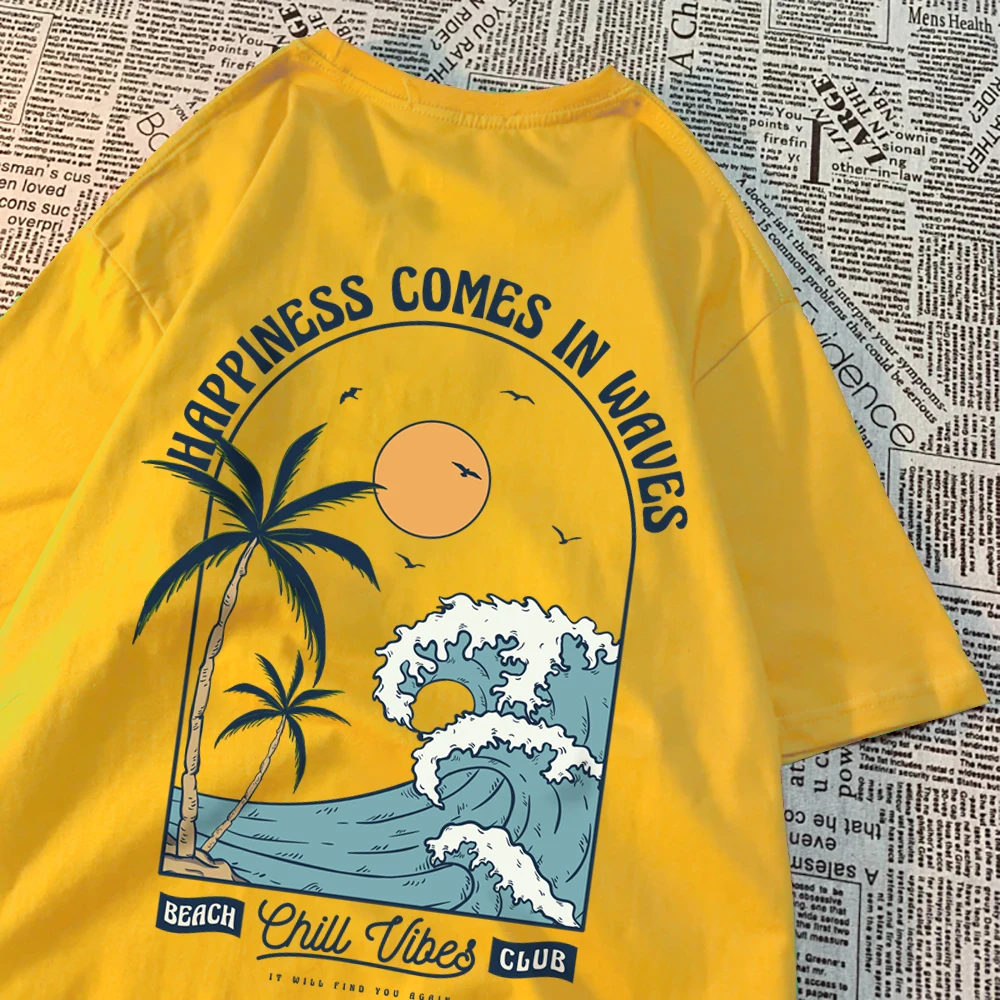Happiness Comes In Waves Printing Men Women Clothes Fashion Loose Tops Creativity Casual T Shirt Pattern Loose Tshirts Couple image 3
