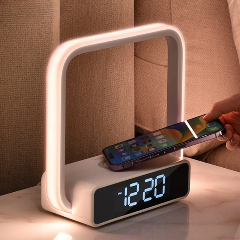 

High definition clock night light bedroom sleep light plug-in small table lamp bedside wireless charging three-in-one atmosphere