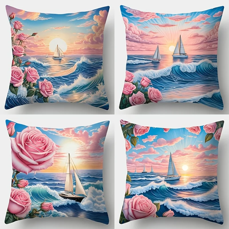 4pcs Pink Sunset Ocean Wave Rose Print Pillow Covers, Featuring Sunrise Sailboat Seaside Landscape Design