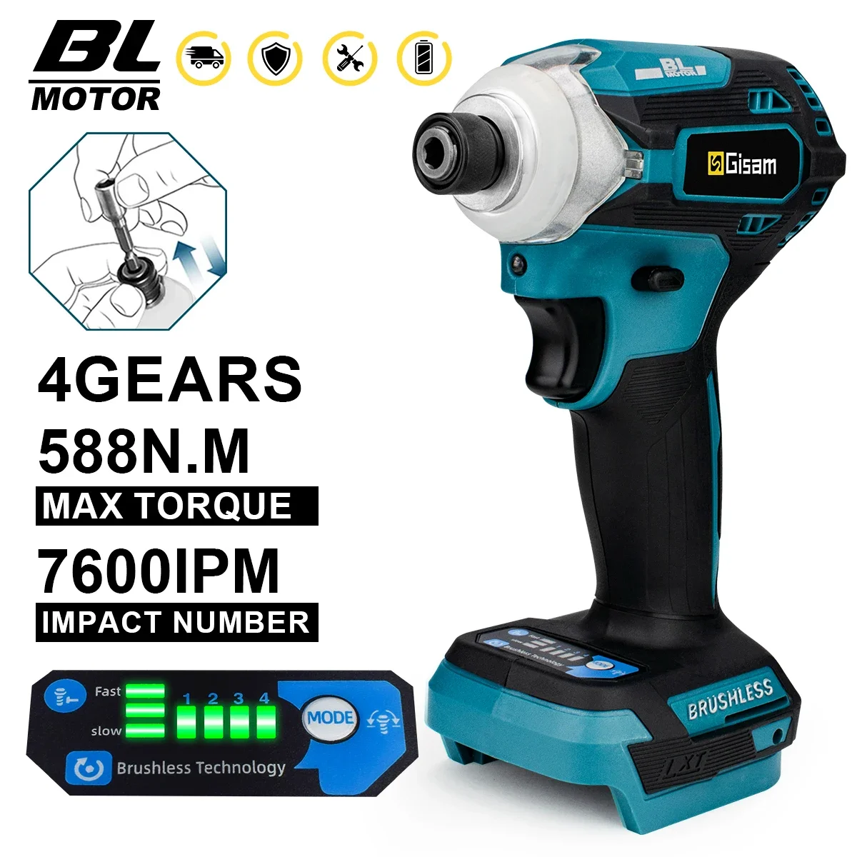 

588NM Brushless Electric Screwdriver Hammer 4Gears Cordless Drill Impact Multifunctional Power Tool For Makita 18V Battery