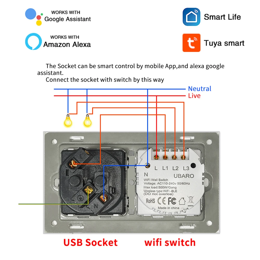 146*86mm FR Smart Home Tuya Wifi Switch Socket Glass Panel Inteligente Sensor Button Work With Google Home Alexa Alice Voice