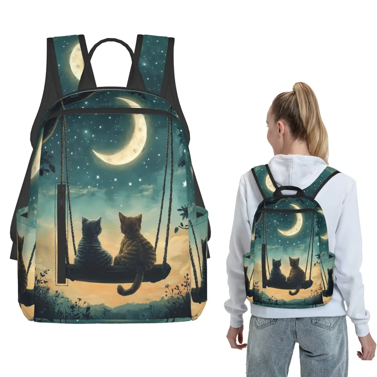 

Cherry Blossom Sunset Cat Print Backpack Large Capacity Kids BookBag School Bag Shoulder Bags for Men Women