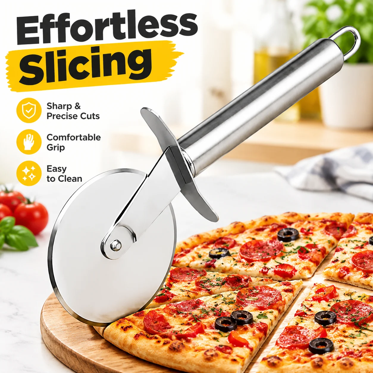 Ergonomic Non Slip Stainless Steel Pizza Cutter Wheel Manual Dough Slicer for Cake Cookies Waffle Easy Hand Wash Kitchen Tool