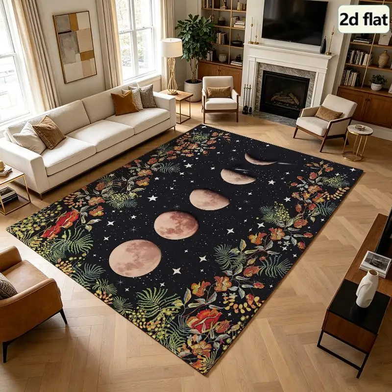 1 Piece Moon Phase Starry Floral Carpet, Soft Comfortable, All Seasons, Lightweight Easy To Care, Living Room, Bedroom, Entryway Decor, Autumn Winter Home Decoration