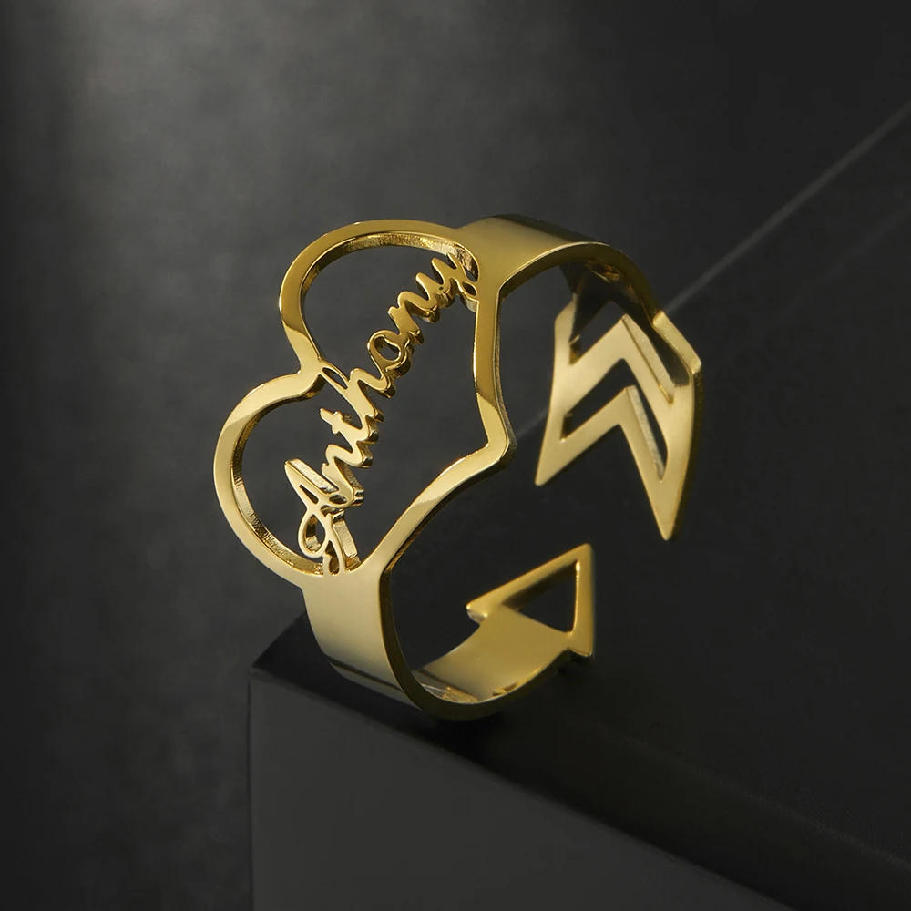 Sipuris Damenringe, Herzform, Edelstahl, personalisierbarer Namensring, trendige, verstellbare Öffnung, modischer Schmuck, Geschenke für Frauen 2024 – Detail 7