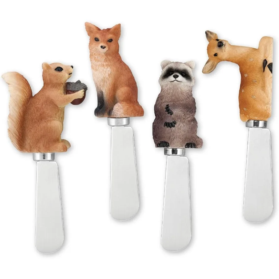 

Разбрасыватели сыра Woodland Animals с ручками из смолы, расписанными вручную и лезвиями из нержавеющей стали для разбрасывания кремового сыра, масла a