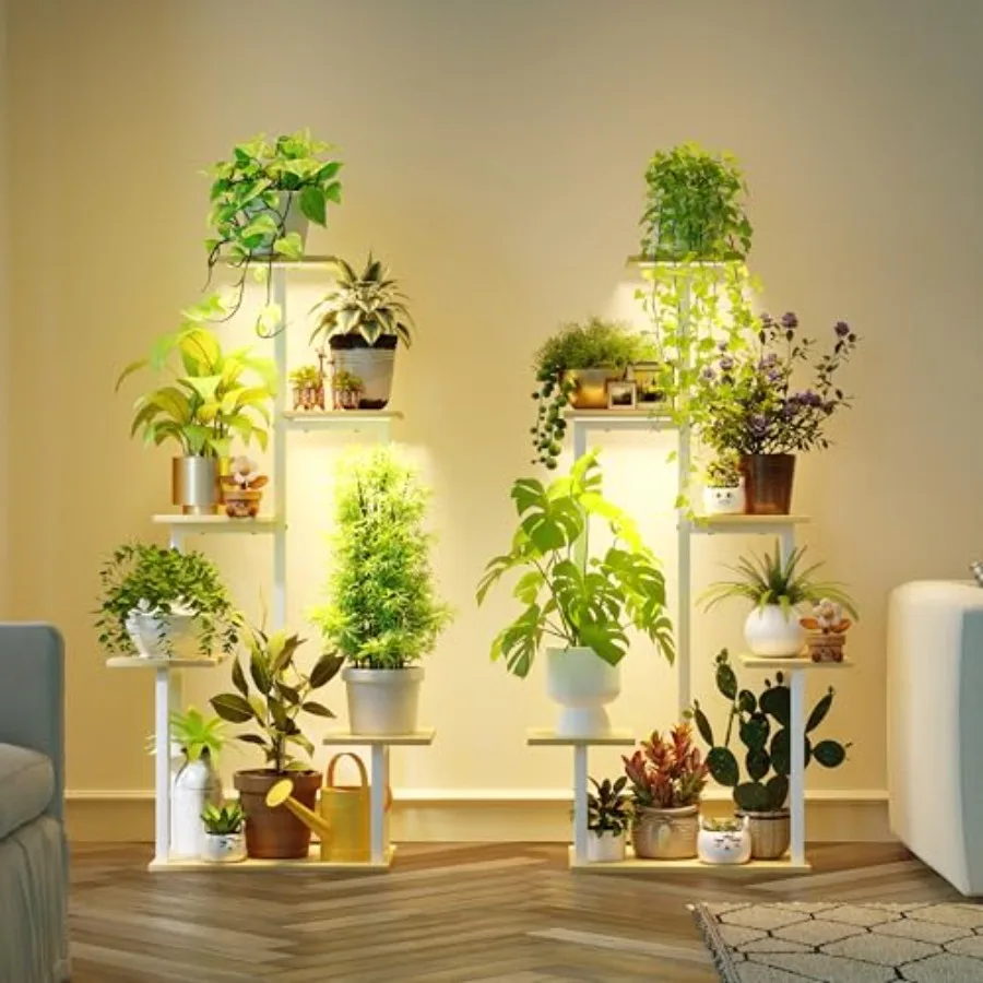 

Plant Stand Indoor with Grow Lights - Tiered Corner Shelf Small Metal Lighted Flower Rack Multiple