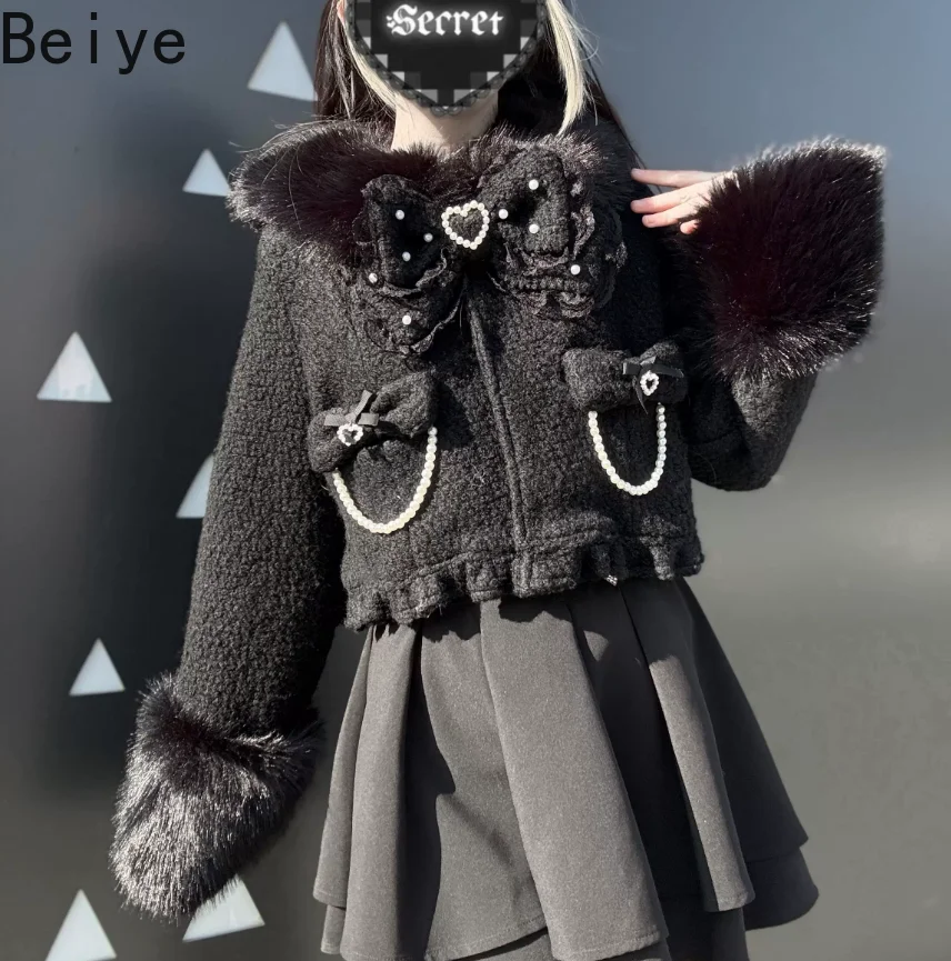 Lolita Coat Original Design Mass Production Wool Jacket Winter Short Thick Coats Women Bow Japanese Fleece Jacket for Lady