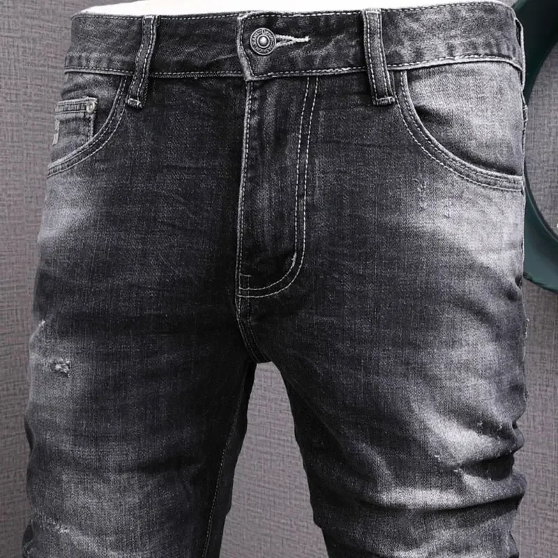 Street Style Fashion Men Jeans Retro Black Gray Stretch Slim Fit Vintage Ripped Jeans Men Patched Designer Hip Hop Denim Pants