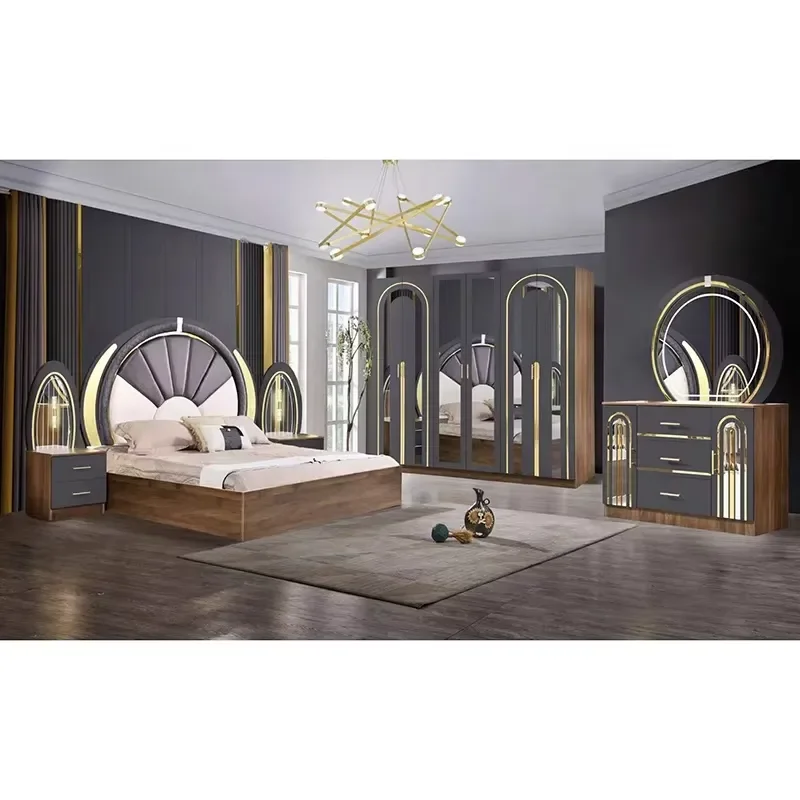 Turkish Style Luxury Queen Bed Set Wooden Frame Modern Master Bedroom Furniture Full Suite Elegant Design